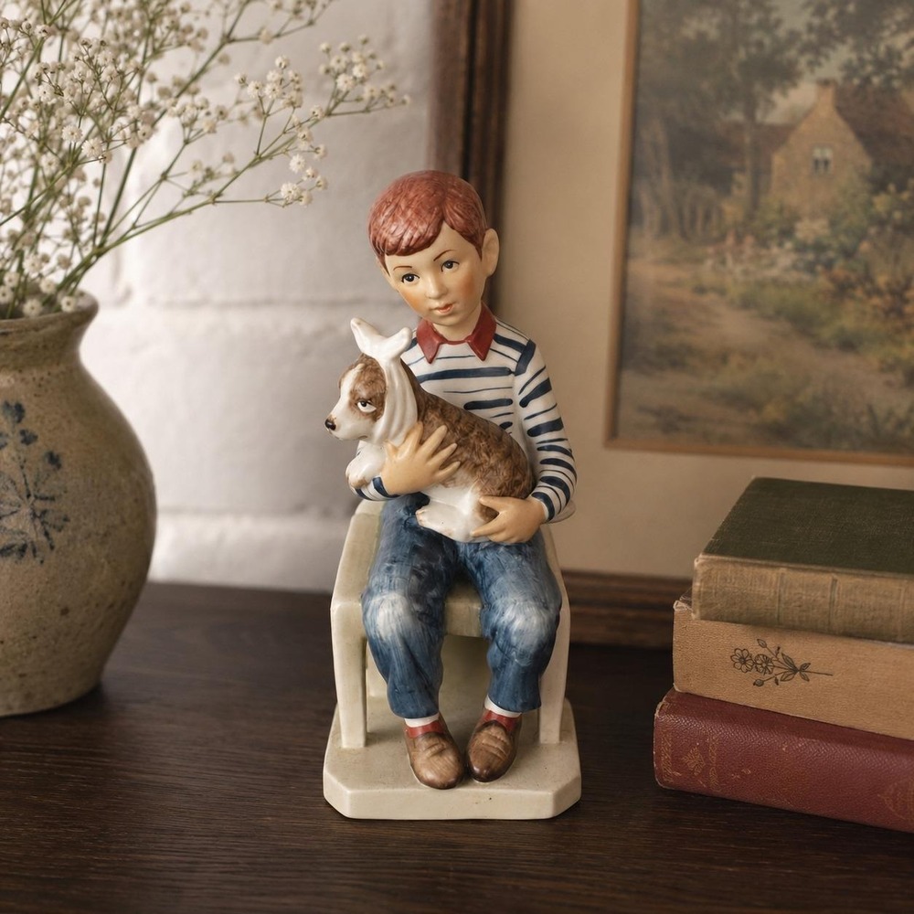 Vintage Norman Rockwell At the Vets Figurine - Gorham 1974 Boy with Lamb Bisque